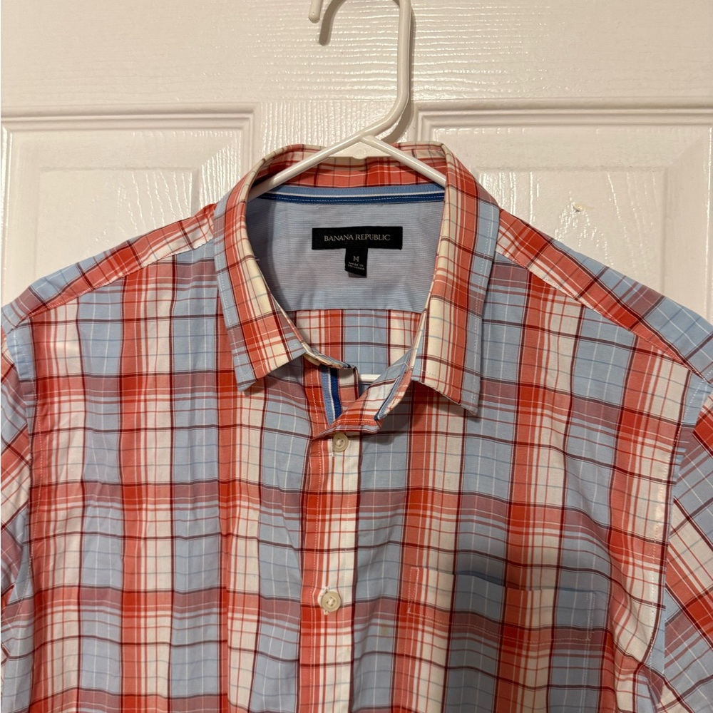 Banana Republic Men's Red and Blue Plaid Shirt